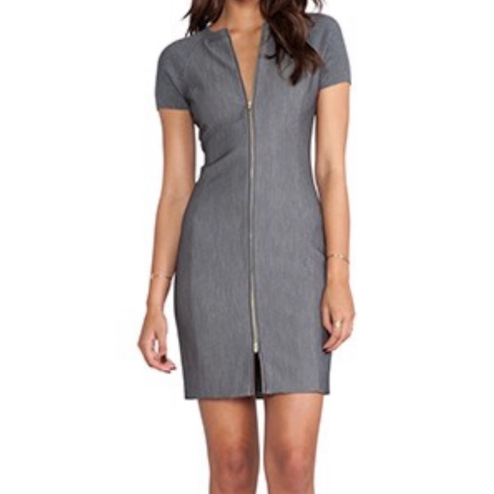 Halston Heritage Ribbed Sleeve Fitted Dress in Dark Heather Grey (10)